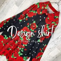 柄シャツ レディース 長袖 L 黒 未使用 古着 総柄 花柄 レトロ アート