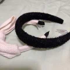 未使用タグ付き　ブラックラメ　アイボリーリボン付きカチューシャ　セット