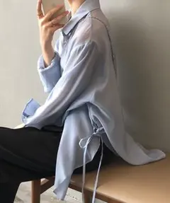 aimoha◇韓国風脇紐透け感UVカットブラウス　ブルーLのサムネイル