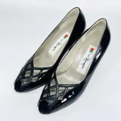 【ほぼ新品】銀座かねまつ オープントゥ エナメル パンプス 黒 23.0