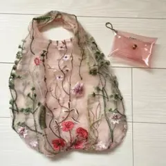 Francfranc ピンク　刺繍メッシュバッグ　ポーチ付き