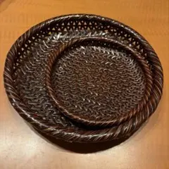 レトロ！籃胎漆器 大小2枚セット 竹細工 お盆 菓子皿 果物籠