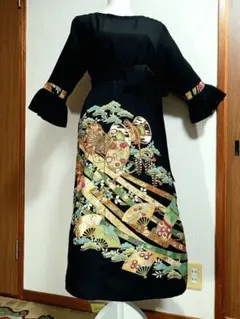 L～2Lサイズ 黒留袖からの着物リメイクドレスです 着丈126cm