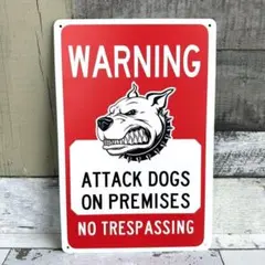 ブリキ看板☆ WARNING 警告 ブルドッグ 番犬注意 立入禁止 赤 438