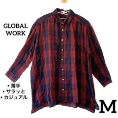【セール✨】GLOBAL WORK チェック柄 赤系　長袖シャツ Mサイズ