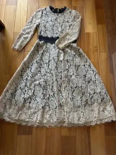 レース 長袖 パーティードレス M ベージュ・黒