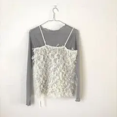 新品チュールリボンキャミソール シアートップス フリル レイヤード タンクトップ
