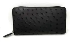 【sale】 オーストリッチ 長財布 本革 ブラック ラウンドファスナー