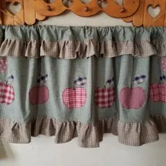 ♡カントリーグリーンチェックリンゴのアップリケカフェカーテン♡雑貨