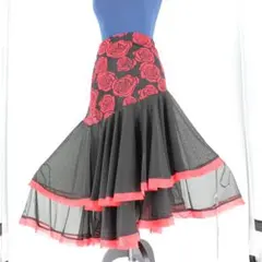 【美品 社交ダンス衣装】スカート 赤 黒 花柄 薔薇 派手 目立つ