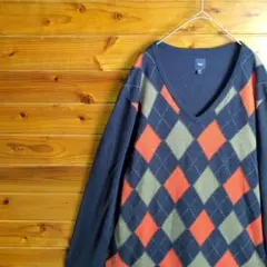 GAP　ギャップ　ニット　セーター　アーガイル柄　紺　オレンジ　グレー　Ⅿ　古着