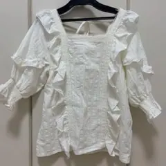 Heather スクエアネック フリル ブラウス 白