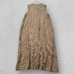 f1099【無印良品】ノースリーブロングワンピース　大きめ　体型カバー　麻　茶