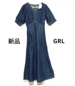 新品 GRL グレイル デニム 半袖 フレアワンピース ボリューム袖 Vネック
