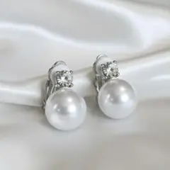 イヤリング　一粒　パール　ジルコン　クリップ式　ワンタッチ　ホワイト