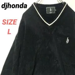 djhonda　ニットセーター　刺繍ロゴ　黒　メンズ　L　Vネック