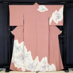 躾糸付未使用 LLサイズ 165cm 友禅柄 鴇色 正絹付け下げ訪問着 b531 