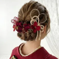 成人式　髪飾り　ヘアパーツ　振袖　　着物リボン水引組紐金赤　卒業式　ヘッドドレス