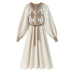 ロングワンピース　オシャレ　ニット　リボン　レディース