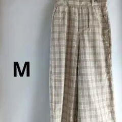 ワイドパンツ　カジュアルパンツ　パンツ　チェック柄　ベージュ　ウエストゴム　M