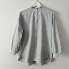 【新品】ストライプ長袖シャツ（白とグレー）　M 襟フリルスタンドカラー
