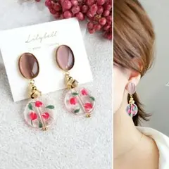 【520】キャッツアイくすみピンク×ピンククリアチューリップ ピアス♡イヤリング