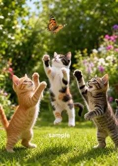 蝶を追いかける3匹の子猫 デジタルアート A4