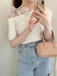 GRL ホワイト リボン付き ニットトップス S