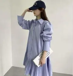 meing ライトブルー シャツワンピース 長袖プリーツ