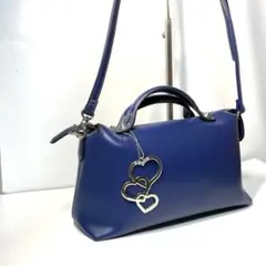 可愛いハート型シルバーチャーム レザー ショルダーバッグ 2way ブルー