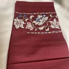 紬　赤花柄刺繍帯