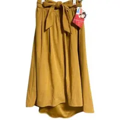 スエード調　フレアロングスカート　ウエストゴム　リボン有　マスタード　からし色M
