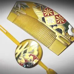 螺鈿　丸打ち簪　櫛　セット　ら鈿　蒔絵　黄色　髪飾り　かんざし　和装用　簪