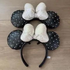 ディズニー　カチューシャ　キルティング　パール　リボン　黒　ミニー　ペア　2個