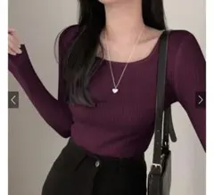 リブ編み ダークパープル 長袖トップス