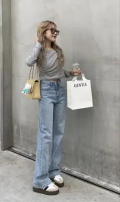 GRLライトブルー ワイドゼミフレアデニムパンツcu136