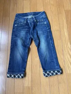 ダークブルー クロップドデニム チェック柄