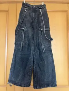 ルーズシルエットハイウエストサスペンダーZIPポケットデニムカーゴパンツ
