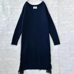 【レイビームス】ネイビー Vネック F ニットワンピース a3272