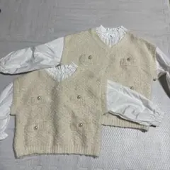 petit main 姉妹お揃いコーデクリーム色 Vネックニット