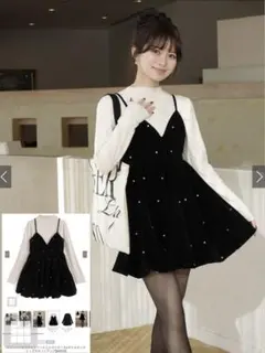 ビジューベロアキャミソールミニワンピース×ボトルネック トップスセットアップ