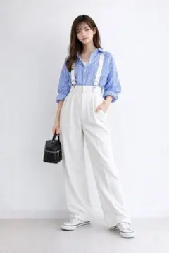 ワイドパンツ 白 サスペンダー付 M ハイウエスト