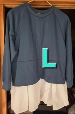 新品　重ね着風　チュニック　レディース　Lサイズ ネイビー×ホワイト 長袖