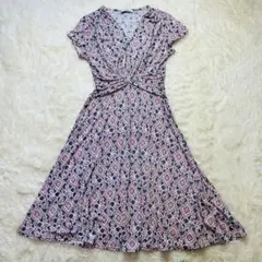 フランス製 エジェリ 花柄 半袖 Aラインワンピース ピンク