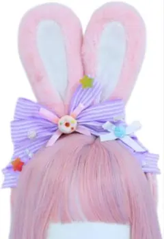 【新品未使用】ウサ耳ヘアバンド ピンクと紫のリボン付き ゴスロリ