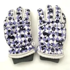 子供冬用手袋　チェック柄　猫　スキー　雪遊び　紫色　7〜8才