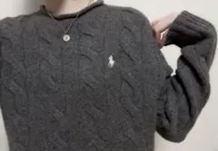 カシミヤ混❤︎ラルフローレン ワンポイント刺繍太ケーブルニットセーターダークグレー