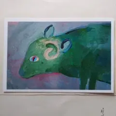 『ミドリで生きる』　印刷版　ハガキ　手描き　絵画　アクリル　羊　動物のサムネイル