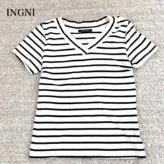 イング 半袖カットソー クロップド丈 Vネック ボーダー柄 リブ編み コットンのサムネイル
