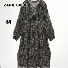 ZARA BASIC シフォンカフタンワンピース M 花柄 総柄 金ボタン 春夏